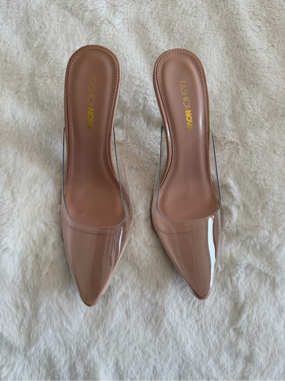 Fashion Nova Nude Pointed Toe Clear Strap Metallic Heel Mule Heels Y2K